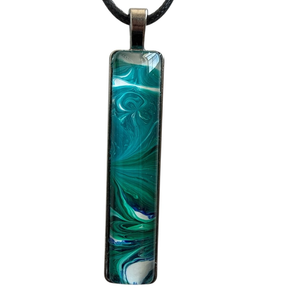 Handmade Teal and Green Fluid Art Bar Pendant Necklace  by Svetlana Yeung